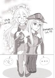 Rule 34 | ..., 10s, 2girls, 3:, :d, ^ ^, ahoge, ahoge wag, bismarck (kancolle), breasts, character name, closed eyes, comic, commentary request, detached sleeves, emoticon, expressive hair, fingerless gloves, gloves, greyscale, grin, hat, headgear, height difference, iowa (kancolle), kantai collection, large breasts, lempika, lifting person, long hair, looking at viewer, medium breasts, monochrome, multiple girls, open mouth, peaked cap, silent comic, smile, sparkle