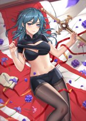 Rule 34 | 1girl, artist name, bed sheet, black bra, black panties, black pantyhose, black shorts, blue eyes, blue hair, blue nails, blush, book, bra, breasts, byleth (female) (fire emblem), byleth (fire emblem), chungmechanic, cleavage, cleavage cutout, closed mouth, clothes lift, clothing cutout, crop top, feathers, feet out of frame, fire emblem, fire emblem: three houses, flower, from above, highres, knee up, lace, lace-trimmed bra, lace-trimmed panties, lace trim, large breasts, pantyhose under shorts, lifted by self, long hair, looking at viewer, lying, nail polish, nintendo, on back, on bed, open book, panties, pantyhose, petals, pillow, pink lips, purple flower, purple rose, rose, rose petals, short shorts, short sleeves, shorts, smile, solo, sword of the creator, thighband pantyhose, underwear