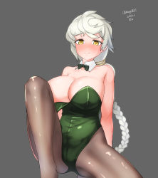 Rule 34 | 1girl, absurdres, asymmetrical hair, bow, bowtie, braid, braided ponytail, breasts, brown eyes, cleavage, convenient leg, dated, detached collar, green bow, green bowtie, green leotard, grey background, highres, kantai collection, large breasts, leotard, long hair, looking at viewer, maru (marg0613), pantyhose, playboy bunny, silver hair, simple background, single braid, sitting, solo, strapless, strapless leotard, twitter username, unryuu (kancolle), very long hair, wrist cuffs
