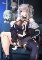 Rule 34 | 1girl, ahoge, animal ears, bare shoulders, black footwear, black nails, black panties, black shirt, boots, breasts, cleavage, collarbone, controller, covered collarbone, curvy, fingernails, fur-trimmed jacket, fur trim, game controller, grey eyes, grey skirt, highres, hololive, jacket, jewelry, large breasts, lion ears, lion girl, looking at viewer, mano aloe, momosuzu nene, nail polish, omaru polka, omaru polka (1st costume), panties, parted lips, pencil skirt, pixiv username, see-through, see-through cleavage, shirt, shishiro botan, shishiro botan (1st costume), sidelocks, silver hair, single thighhigh, sitting, skirt, sleeveless, sleeveless shirt, smile, solo, spread legs, striped, stuffed toy, thick thighs, thighhighs, thighs, tnolize, torn clothes, underwear, unzipped, virtual youtuber, yukihana lamy