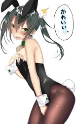 Rule 34 | 10s, 1girl, ^^^, animal ears, bare arms, bare shoulders, between legs, black leotard, blush, bow, bowtie, breasts, brown pantyhose, collarbone, commentary request, cowboy shot, detached collar, embarrassed, fake animal ears, fake tail, fingernails, green bow, green bowtie, green eyes, green hair, hair between eyes, hair ornament, hair ribbon, hand between legs, hand on own chest, highleg, highleg leotard, highres, kantai collection, legs together, leotard, long fingernails, long hair, onineko-chan, open mouth, pantyhose, playboy bunny, rabbit ears, rabbit tail, ribbon, shiny clothes, shiny skin, simple background, small breasts, solo, standing, strapless, strapless leotard, sweat, sweatdrop, tail, teeth, translation request, twintails, white background, white ribbon, wrist cuffs, zuikaku (kancolle)