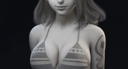 Rule 34 | 1girl, arms at sides, bikini, breasts, cleavage, collarbone, greyscale, head out of frame, highres, large breasts, long hair, looking at viewer, monochrome, nami (one piece), one piece, shadow, shousizhe, simple background, solo, standing, sweat, swimsuit, tattoo, underboob, upper body, wet