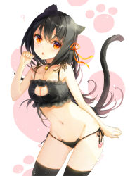 Rule 34 | 1girl, animal ears, bare shoulders, bell, black hair, blush, bra, breasts, cat cutout, cat ear panties, cat ears, cat lingerie, cat tail, chestnut mouth, cleavage, cleavage cutout, clothing cutout, fuumi (radial engine), jingle bell, kaku-san-sei million arthur, long hair, looking at viewer, medium breasts, meme attire, million arthur (series), navel, panties, paw pose, side-tie panties, solo, standing, tail, thighhighs, underwear