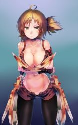 Rule 34 | 1girl, absurdres, ahoge, armor, bare shoulders, black pantyhose, blue background, breast hold, breastplate, breasts, brown hair, choker, cleavage, cowboy shot, crossed arms, faulds, female focus, fingerless gloves, gloves, gradient background, green eyes, groin, hatahata p (taritari1648), highres, large breasts, pantyhose under shorts, looking at viewer, open clothes, open fly, open pants, open shorts, original, pants, pantyhose, pantyhose under shorts, short shorts, shorts, side ponytail, simple background, solo, standing, unbuttoned