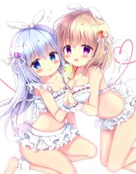 Rule 34 | 2girls, :d, ankle cuffs, azumi kazuki, bare shoulders, barefoot, blue eyes, blue hair, blush, breasts, brown hair, cleavage, collarbone, commentary request, fingernails, food-themed hair ornament, gochuumon wa usagi desu ka?, hair between eyes, hair ornament, hair ribbon, highres, holding, holding hands, hoto cocoa, interlocked fingers, kafuu chino, large breasts, long hair, looking at viewer, multiple girls, open mouth, parted lips, pleated skirt, purple eyes, ribbon, simple background, skirt, small breasts, smile, strawberry hair ornament, very long hair, white background, white ribbon, white skirt, wrist cuffs, x hair ornament