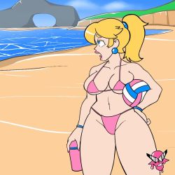 Rule 34 | 1girl, animated, ball, beach, bikini, blonde hair, blue eyes, breasts, burp, cleavage, drinking, earrings, embarrassed, hand on own hip, holding, holding ball, jewelry, large breasts, legs, lipstick, long hair, looking to the side, makeup, mario (series), mr. rattle bones, navel, nintendo, ocean, pink bikini, pink lips, ponytail, princess, princess peach, smile, solo, super mario bros. 1, swimsuit, thick thighs, thighs, underboob, video, volleyball (object), water