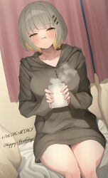 Rule 34 | 1girl, bandaid, bandaid on face, bandaid on nose, blush, character name, collarbone, colored inner hair, cup, grey hair, grey hoodie, hachi (live union), hair ornament, happy birthday, highres, holding, holding cup, hood, hoodie, indoors, infinity symbol, live union, long hoodie, long sleeves, looking at viewer, mole, mole under eye, mug, multicolored hair, shirt, short hair, shougun (chuckni1), sitting, smile, solo, thighs, two-tone hair, virtual youtuber, yellow eyes
