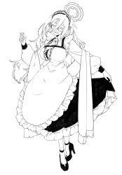 Rule 34 | 1girl, akane (blue archive), apron, blue archive, breasts, closed eyes, dress, frilled apron, frilled dress, frills, full body, glasses, greyscale, hair between eyes, hair ribbon, halo, high heels, highres, kawatiw, large breasts, long hair, long sleeves, maid, maid headdress, monochrome, ribbon, shawl, shoes, simple background, skirt hold, solo, standing