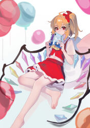 Rule 34 | 1girl, absurdres, ahoge, ailu elf, ascot, balloon, bare legs, barefoot, blonde hair, book, crystal wings, flandre scarlet, full body, hair ribbon, highres, looking at viewer, red eyes, red ribbon, ribbon, side ponytail, simple background, solo, touhou, white background, yellow ascot