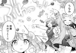 Rule 34 | 3girls, :d, ^ ^, achikita chinami, animal, animal on head, asuka hina, basket, blush, bow, candy, candy wrapper, closed eyes, collared shirt, comic, dress, dress shirt, food, greyscale, grin, hair bow, hair ornament, heart, highres, kurihara sakura, lollipop, long hair, long sleeves, machita chima, machita chima (1st costume), monochrome, multiple girls, neck ribbon, nijisanji, on head, open mouth, outstretched arm, parted lips, plaid, plaid dress, pleated dress, pleated skirt, polka dot, ribbon, seed, shirt, short eyebrows, skirt, sleeveless, sleeveless dress, smile, sunflower seed, swirl lollipop, thick eyebrows, thighhighs, throwing, translation request, twintails, unmoving pattern, very long hair, virtual youtuber