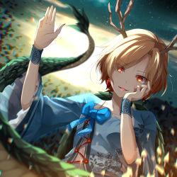 Rule 34 | 1girl, antlers, arm up, armband, asymmetrical bangs, backlighting, blonde hair, blue bow, blue bowtie, blue shirt, blurry, blurry foreground, bow, bowtie, chromatic aberration, commentary request, constricted pupils, dragon girl, dragon horns, dragon tail, earrings, eyelashes, eyes visible through hair, fingernails, floral print, flower ornament, frilled sleeves, frills, glowing, hand on own cheek, hand on own face, highres, horns, jewelry, kicchou yachie, long fingernails, long sleeves, multicolored eyes, nail polish, open mouth, parted bangs, parted lips, red eyes, red nails, shards, sharp fingernails, shiroino (shirayuki mutsuki), shirt, short hair, smile, solo, square neckline, tail, touhou, turtle shell, waving, yellow eyes