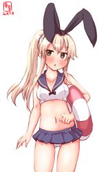 Rule 34 | 1girl, adapted costume, alternate hairstyle, animal ears, artist logo, black hairband, blonde hair, blue eyes, blue sailor collar, blue skirt, commentary request, cowboy shot, dated, gluteal fold, hairband, highres, kanon (kurogane knights), kantai collection, lifebuoy, long hair, looking at viewer, midriff, navel, open mouth, pleated skirt, rabbit ears, sailor collar, shimakaze (kancolle), simple background, skirt, solo, swim ring, twintails, white background