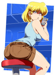 Rule 34 | 1girl, ass, blonde hair, blue eyes, bobby santiago, breasts, cellphone, counter, earrings, from behind, highres, jcm2, jewelry, large breasts, looking back, lori loud, makeup, parted lips, phone, short shorts, shorts, sitting, smartphone, solo, stool, tank top, the loud house