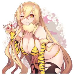 Rule 34 | 1girl, ;), animal print, bikini, blonde hair, breasts, cleavage, fang, fang out, horns, katagiri hachigou, large breasts, long hair, md5 mismatch, nail polish, one eye closed, oni, oni horns, resized, smile, solo, swimsuit, tiger print, very long hair, yellow eyes