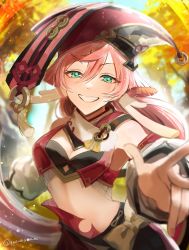 Rule 34 | 1girl, antlers, bare shoulders, black bra, bow, bra, breasts, cleavage, crop top, detached sleeves, genshin impact, green eyes, hair between eyes, hat, highres, horns, kiyubuno, long sleeves, looking at viewer, midriff, outstretched arm, pink hair, red hat, small breasts, smile, solo, teeth, tree, underwear, yanfei (genshin impact), yellow bow