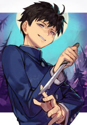 Rule 34 | 1boy, ahoge, black hair, blue jacket, buttons, evil grin, evil smile, gakuran, grey eyes, grin, half-closed eyes, holding, holding knife, holding weapon, hungry clicker, jacket, knife, long sleeves, looking at viewer, male focus, melty blood, moon, nanaya shiki, school uniform, short hair, smile, solo, tsukihime, uniform, weapon
