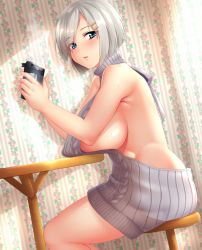 Rule 34 | 10s, 1girl, :d, ajifurai, alternate costume, armpits, backless outfit, bare arms, bare back, bare shoulders, blue eyes, blush, breast rest, breasts, breasts on table, chair, covered erect nipples, day, from side, hair ornament, hair over one eye, hairclip, hamakaze (kancolle), highres, holding, indoors, kantai collection, large breasts, looking at viewer, looking to the side, meme attire, naked sweater, open mouth, pink lips, ribbed sweater, short hair, sideboob, silver hair, sitting, smile, solo, steam, sunlight, sweater, table, thermos, turtleneck, turtleneck sweater, virgin killer sweater