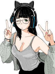 Rule 34 | 1girl, animal ear headphones, animal ears, animification, black hair, black skirt, bracelet, breasts, camisole, cardigan, cat ear headphones, cleavage, collarbone, double v, fake animal ears, glasses, grey camisole, grey cardigan, headphones, highres, jewelry, long hair, looking at viewer, medium breasts, off shoulder, pink nails, real life, sakamoto giulietta, shinonome umi, simple background, skirt, upper body, v, white background