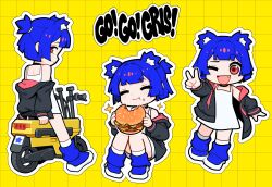 Rule 34 | 1girl, :t, absurdres, animal ear fluff, animal ears, black jacket, blue footwear, blue hair, blush, boots, burger, chibi, choker, closed eyes, closed mouth, commentary, dress, eating, english commentary, english text, fang, food, food on face, grid background, gris (vertigris), highres, holding, holding food, honda motocompo, jacket, looking at viewer, motor vehicle, off shoulder, one eye closed, open mouth, original, outline, outstretched arm, red eyes, short hair, short ponytail, sitting, sleeveless, sleeveless dress, smile, socks, sparkle, v, vertigris, white dress, white outline, white socks, yellow background