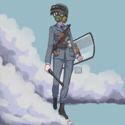 Rule 34 | 1girl, arm shield, artist name, assault rifle, baton (weapon), belt, black footwear, blue necktie, boots, brown belt, buttons, collared shirt, combat helmet, commentary, covered face, cross-laced footwear, english commentary, folding stock, full body, gas mask, grey background, grey eyes, grey headwear, grey jacket, grey pants, gun, gun sling, helmet, highres, holding, holding weapon, jacket, kalashnikov rifle, lace-up boots, long sleeves, looking to the side, mask, necktie, original, pants, pocket, police, police uniform, policewoman, puto trash, rifle, riot shield, shield, shirt, smoke, solo, tear gas, uniform, visor (armor), weapon, white shirt, yugoslavia, zastava m70