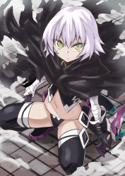 Rule 34 | &gt;:(, 1girl, abe ranzu, bandaged arm, bandages, black gloves, black panties, black thighhighs, cloak, closed mouth, dual wielding, fate/apocrypha, fate/grand order, fate (series), frown, gloves, green eyes, highres, holding, holding knife, holding weapon, jack the ripper (fate/apocrypha), knife, looking at viewer, navel, panties, scar, serious, short hair, single glove, slit pupils, solo, squatting, stomach, string panties, thighhighs, underwear, v-shaped eyebrows, weapon, white hair