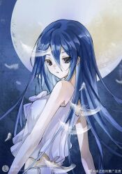 Rule 34 | 1girl, bare shoulders, blue eyes, camisole, cang yue (tou xing jiuyue tian), dress, dress ribbon, expressionless, falling feathers, feathers, frilled camisole, frills, full moon, highres, long hair, moon, pants, parted lips, second-party source, solo, teeth, tou xing jiuyue tian, upper body, white dress, white pants, yao laoban
