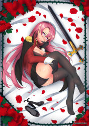 Rule 34 | 1girl, artist name, ass, azur lane, black bra, black coat, black footwear, black gloves, black panties, black pantyhose, black skirt, blue eyes, blush, bra, breasts, breasts out, clothes pull, coat, duke of york (azur lane), fetal position, finger to mouth, flower, framed, from above, full body, gloves, hair between eyes, heart, heart-shaped pupils, high heels, highres, jacket, jacket on shoulders, long hair, looking at viewer, lying, medium breasts, military, military uniform, miniskirt, naughty face, nose blush, on side, open clothes, open jacket, panties, pantyhose, pantyhose pull, parted bangs, parted lips, petals, pink hair, pleated skirt, pointy ears, red flower, red jacket, red rose, rose, shoes, unworn shoes, skirt, smile, solo, sweat, sword, symbol-shaped pupils, thorns, underwear, uniform, unmeinobasho, very long hair, weapon