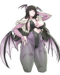 Rule 34 | 1girl, animal print, bat print, bat wings, blunt bangs, breasts, bridal gauntlets, clothing cutout, cosplay, demon girl, girls und panzer, guhanshounen, hand in own hair, hand on own hip, head wings, heart cutout, large breasts, leotard, mature female, morrigan aensland, morrigan aensland (cosplay), nishizumi shiho, pantyhose, print pantyhose, purple pantyhose, simple background, solo, vampire (game), white background, wings