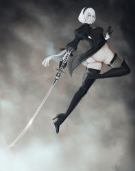 Rule 34 | 1girl, absurdres, ass, back cutout, black dress, black footwear, black gloves, black hairband, boots, breasts, closed mouth, clothes lift, clothing cutout, dress, dress lift, expressionless, gloves, grey eyes, hairband, half-closed eyes, high heels, highres, holding, holding sword, holding weapon, juliet sleeves, jumping, kumanz, long legs, long sleeves, looking at viewer, looking to the side, medium breasts, mole, mole under mouth, nier:automata, nier (series), pink lips, puffy sleeves, see-through, see-through legwear, short dress, short hair, smoke, solo, sword, thigh boots, thighhighs, thighs, vambraces, weapon, white hair, 2b (nier:automata)
