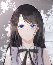 Rule 34 | 1girl, aqua gemstone, black hair, black ribbon, blue eyes, brick wall, brooch, closed mouth, collared shirt, commentary, crying, crying with eyes open, eyelashes, frilled ribbon, frills, frown, grey background, highres, jewelry, long hair, loonha, neck ribbon, original, portrait, purple vest, ribbon, shirt, straight-on, swept bangs, symbol-only commentary, tearing up, tears, upper body, vest, white shirt, wing collar