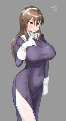 Rule 34 | 1girl, absurdres, adapted costume, ashigara (kancolle), ashigara kai ni (kancolle), breasts, brown eyes, brown hair, dated, dress, elbow gloves, gloves, grey background, hairband, highres, kantai collection, large breasts, long hair, maru (marg0613), one-hour drawing challenge, purple dress, side slit, simple background, solo, standing, twitter username, wavy hair, white gloves, white legwear