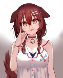 Rule 34 | 1girl, absurdres, animal ears, bespectacled, blush, bone hair ornament, braid, breasts, brown hair, choker, cleavage, closed mouth, commentary, dog ears, dog girl, dog tail, dress, glasses, grey background, hair ornament, head tilt, highres, hololive, inugami korone, inugami korone (1st costume), looking at viewer, medium breasts, medium hair, pinky out, red choker, red eyes, round eyewear, saple, side braids, simple background, sleeveless, sleeveless dress, smile, solo, tail, tongue, tongue out, twin braids, upper body, virtual youtuber, white dress, wristband