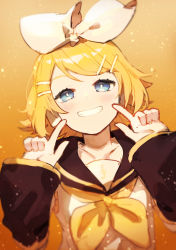 Rule 34 | 1girl, absurdres, black collar, black sleeves, blonde hair, blue eyes, blush, bow, collar, collarbone, commentary, detached sleeves, doodle, fingers to cheeks, grin, hair bow, hair ornament, hairclip, headphones, highres, index finger raised, kagamine rin, light blush, looking at viewer, neckerchief, one-hour drawing challenge, orange background, pointing, pointing at self, sailor collar, school uniform, shirt, short hair, sleeveless, sleeveless shirt, smile, solo, swept bangs, symbol-only commentary, treble clef, upper body, vocaloid, white bow, white shirt, yamada ichi, yellow neckerchief