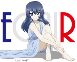 Rule 34 | 1girl, artist name, barefoot, blue dress, blue eyes, blue hair, breasts, bukkuri, character name, cleavage, closed mouth, commentary, dated, dress, eclair (girls und panzer), french commentary, girls und panzer, hugging own legs, long dress, medium breasts, shadow, signature, sitting, smile, solo