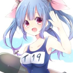 Rule 34 | 10s, 1girl, :d, blue hair, breasts, brown eyes, carrying, carrying under arm, female focus, hair ribbon, i-19 (kancolle), kantai collection, large breasts, long hair, looking at viewer, name tag, natubudou, one-piece swimsuit, open mouth, ribbon, salute, school swimsuit, smile, solo, swimsuit, torpedo, tri tails