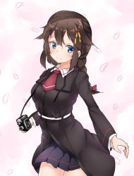 Rule 34 | 1girl, black hair, black jacket, black skirt, blue eyes, blush, braid, breasts, camera, cherry blossoms, closed mouth, cowboy shot, hair between eyes, hair flaps, hair ornament, halkawa501, highres, jacket, kantai collection, long hair, long sleeves, medium breasts, necktie, official alternate costume, pink background, pleated skirt, red necktie, shigure (kancolle), shigure kai ni (kancolle), skirt, smile, solo, striped clothes, striped skirt, upper body