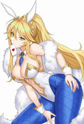 Rule 34 | 1girl, ace (playing card), ace of hearts, ahoge, animal ears, artoria pendragon (all), artoria pendragon (fate), artoria pendragon (swimsuit ruler) (fate), bare shoulders, blonde hair, blue neckwear, blue pantyhose, braid, breasts, card, casino, cleavage, clothing cutout, detached collar, fake animal ears, fate/grand order, fate (series), feather boa, fishnet pantyhose, fishnets, french braid, green eyes, heart, highleg, highleg leotard, highres, large breasts, leotard, long hair, looking at viewer, mouth hold, navel cutout, necktie, pantyhose, playboy bunny, playing card, ponytail, rabbit ears, sidelocks, siun, thighs, tiara, white background, white leotard