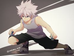 Rule 34 | 1boy, bad id, bad pixiv id, blue eyes, child, commentary request, highres, holding, holding weapon, hunter x hunter, killua zoldyck, looking at viewer, nakamu 405, shirt, short hair, shorts, simple background, solo, weapon, white hair