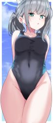 Rule 34 | 1girl, animal ear fluff, animal ears, bare shoulders, black one-piece swimsuit, blue archive, blue eyes, blue halo, blue sky, breasts, cloud, collarbone, commentary request, competition swimsuit, covered navel, day, earrings, grey hair, groin, hair ornament, halo, highres, jewelry, looking at viewer, medium breasts, nenosame, one-piece swimsuit, outside border, parted lips, shiroko (blue archive), sky, solo, stud earrings, swimsuit