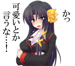 Rule 34 | 1girl, :o, black hair, blazer, blush, bow, breasts, cleavage, crossed arms, embarrassed, hair bow, hair ribbon, jacket, kurugaya yuiko, large breasts, little busters!, long hair, looking down, masayu, open mouth, parted bangs, purple eyes, ribbon, school uniform, sidelocks, simple background, solo, upper body, very long hair