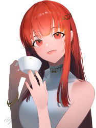 Rule 34 | 1girl, :d, bare shoulders, bracelet, breasts, cup, dress, fingernails, guinevere (iron saga), hair ornament, head tilt, highres, holding, holding cup, hoojiro, iron saga, jewelry, large breasts, long hair, looking at viewer, nail polish, open mouth, pink nails, red eyes, red hair, signature, simple background, smile, solo, teacup, upper body, white background, white dress
