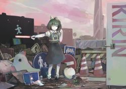 Rule 34 | 1girl, ball, bird, building, chicken, closed eyes, cookie (touhou), daiyousei, diyusi (cookie), green hair, hair ribbon, high-visibility vest, hinase (cookie), holding, holding whistle, ichiba youichi, no entry sign, ribbon, road sign, scenery, short hair, short ponytail, sign, skyscraper, socks, solo, traffic cone, volleyball (object), whistle, white socks, yellow ribbon