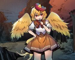 Rule 34 | 1girl, animal, animal on head, bird, bird on head, bird tail, bird wings, blonde hair, brown dress, chick, chicken, commentary request, cowboy shot, dress, feathered wings, hand on own hip, highres, mixed-language commentary, multicolored hair, niwatari kutaka, on head, orange dress, puffy short sleeves, puffy sleeves, red eyes, red hair, shirt, shishui guima, short sleeves, solo, standing, tail, touhou, sunken fossil world, two-tone hair, whistle, white shirt, wings, yellow wings