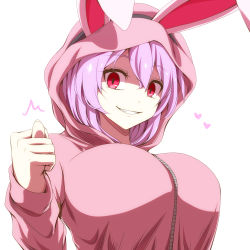 Rule 34 | 1girl, animal ears, animal hood, breasts, rabbit ears, rabbit hood, carro (watarui), commentary request, fig sign, grin, heart, highres, hood, hoodie, large breasts, looking at viewer, original, purple hair, red eyes, shaded face, simple background, smile, solo, upper body, watarui, white background