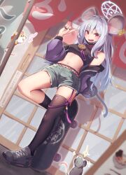 Rule 34 | absurdres, animal ears, asymmetrical legwear, black mask, black thighhighs, blue archive, casual, commentary request, crop top, denim, denim shorts, ear tag, grey footwear, grey hair, highres, jacket, jewelry, kry oekk, mask, midriff, mouse (animal), mouse ears, mouse girl, mouse tail, mouth mask, navel, purple jacket, red eyes, saya (blue archive), saya (casual) (blue archive), shoes, short eyebrows, short shorts, shorts, skateboard, sneakers, tail, thighhighs, uneven legwear