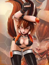 Rule 34 | adapted costume, animal ears, arc system works, armpits, black thighhighs, blazblue, breasts, brown hair, cleavage, cowboy shot, elbow pads, fingerless gloves, gloves, hanging breasts, large breasts, looking at viewer, makoto nanaya, multicolored hair, orange eyes, short hair, short shorts, shorts, smile, solo, squirrel ears, squirrel tail, sweat, tail, thighhighs, two-tone hair, x-kulon, zoom layer