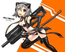 Rule 34 | 1girl, armpits, black thighhighs, boots, breasts, cameltoe, cleavage, elbow gloves, english text, female focus, fingerless gloves, gia, gloves, grey hair, gun, hair ornament, huge weapon, katana, leg lift, leila forester (gia), open mouth, orange eyes, original, short hair, solo, sword, thigh boots, thighhighs, weapon