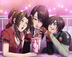 Rule 34 | 1boy, 3girls, absurdres, aerith gainsborough, blush, breasts, cleavage, cup, drink, drinking glass, drinking straw, final fantasy, final fantasy vii, food, giant, giantess, highres, huge filesize, ice cream, licking lips, multiple girls, smile, tifa lockhart, tongue, tongue out, yuffie kisaragi