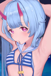 Rule 34 | 1girl, adjusting hair, aori (binnoaori), armpits, arms behind head, arms up, bikini, blue archive, blue hair, blue sailor collar, blush, breasts, chise (blue archive), chise (swimsuit) (blue archive), completely nude, flat chest, flower, hair flower, hair ornament, hair tie in mouth, horns, long hair, looking at viewer, mouth hold, nude, oni horns, purple eyes, red eyes, sailor collar, solo, striped bikini, striped clothes, swimsuit, tying hair, upper body