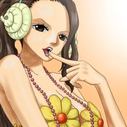 Rule 34 | 1girl, breasts, brown hair, cleavage, finger in own mouth, fishman island, flower, headphones, kyo (pixiv2376063), large breasts, long hair, lowres, mermaid, monster girl, one piece, seira (one piece), solo